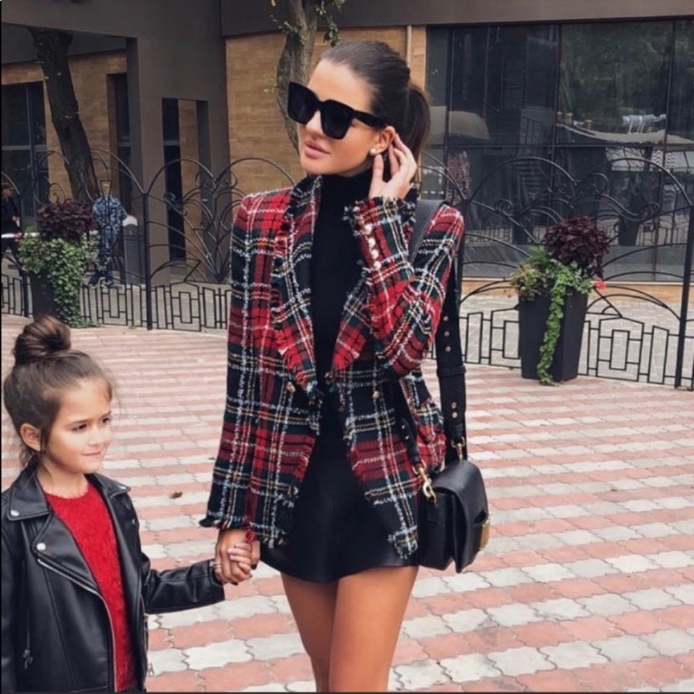 Zara Tweed Blazer Small Plaid Tartan Frayed Hem Oversized blazer Blogger fave